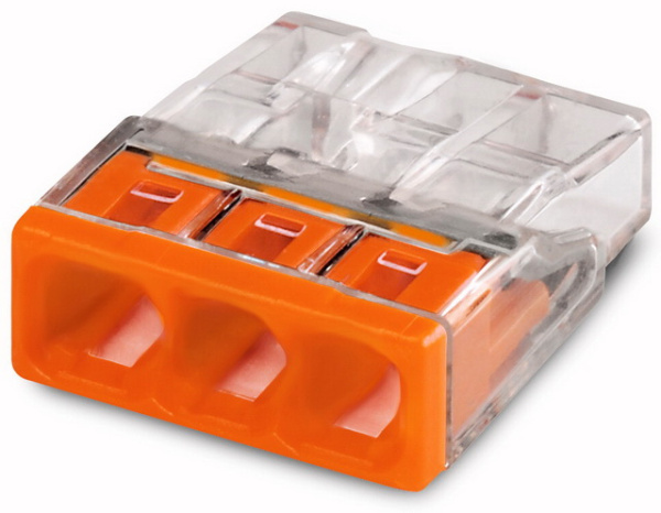 Купить Wago клеммы для одножильных проводников; макс. 2,5 мм²; 3-проводн.; прозрачный корпус; оранжевая крышка 2273-203