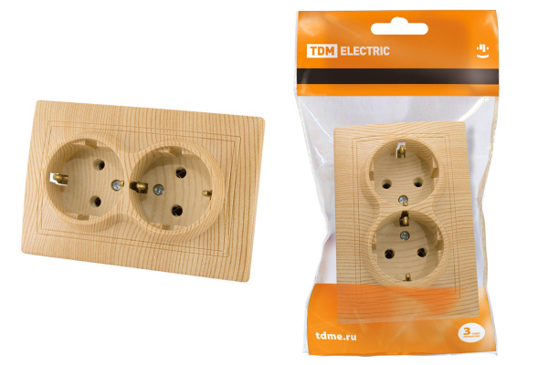 TDM Розетка двойная 2П+З 16А 250В "ЭКО" (сосна) "Таймыр" SQ1814-0214