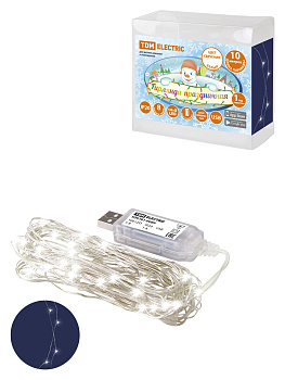 TDM Гирлянда светодиодная "Роса 100-Д" 10 м, 100LED, белый, ПДУ, USB, IP20, SQ0361-0089