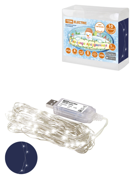 TDM Гирлянда светодиодная "Роса 100-Д" 10 м, 100LED, белый, ПДУ, USB, IP20, SQ0361-0089