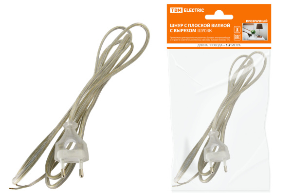 TDM Шнур с плоской вилкой с вырезом ШУ04 ШВВП 2х0,75мм2 1,7 м. прозрачный SQ1305-0034