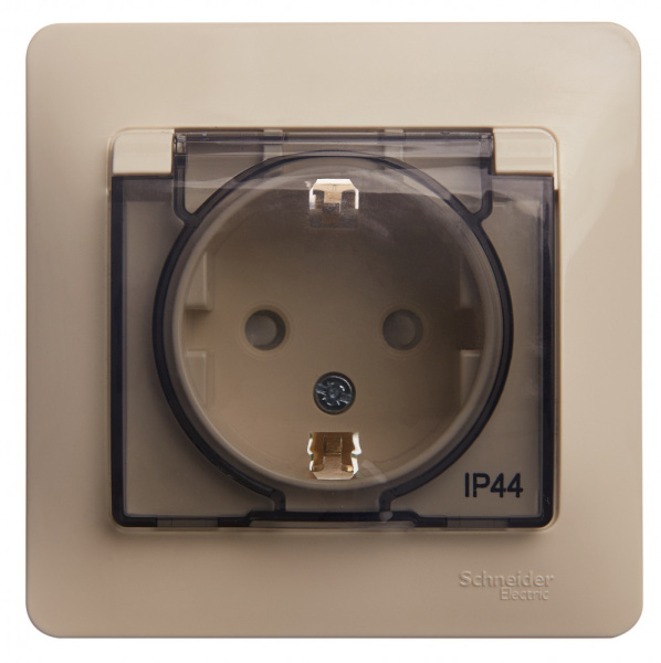 Купить Systeme Electric Glossa Беж Розетка с/з со шторками с крышкой, IP44 (в сборе с рамкой)