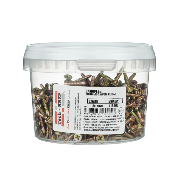 Tech-Krep Саморезы оконные с буром 3,9х19 (500 шт) желтые - ведро мал 116807