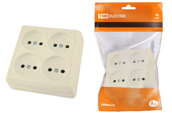 TDM Розетка четырехместная 2П открытой установки IP20 10А сл. кость "Ладога" SQ1801-0220