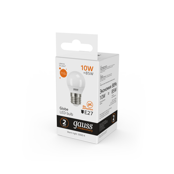 Купить Gauss Лампа Elementary Шар 10W 710lm 3000K Е27 LED 53210
