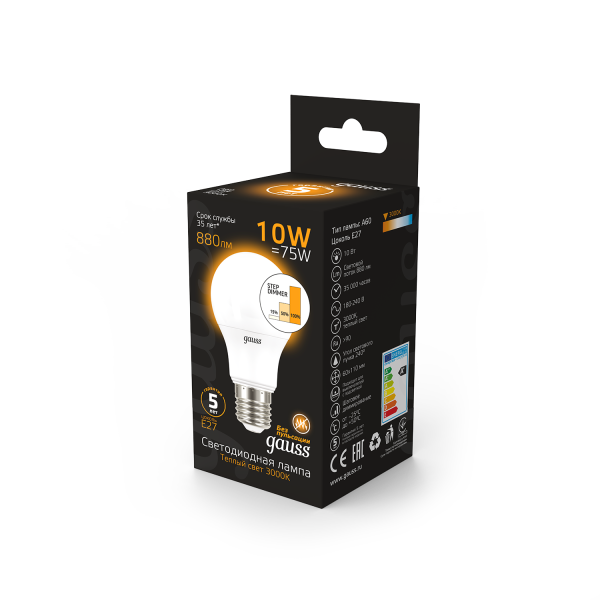 Купить Gauss Лампа A60 10W 880lm 3000K E27 шаг. диммирование LED 102502110-S