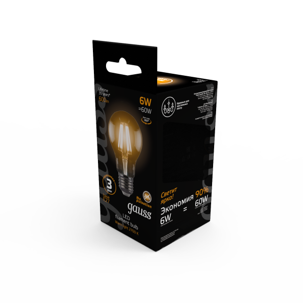Купить Gauss Лампа Filament А60 6W 600lm 2700К Е27 LED 102802106
