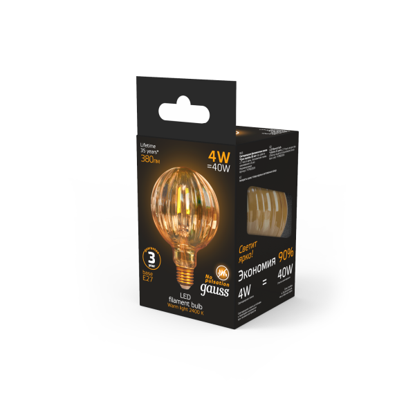 Купить Gauss Лампа Filament G100 4W 380lm 2400К Е27 golden Baloon LED 147802004