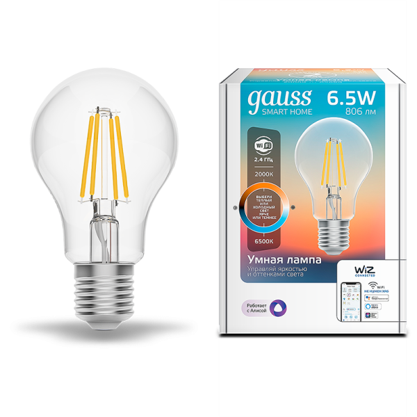 Gauss Лампа Smart Home Filament А60 6,5W 806lm 2000-6500К E27 изм.цвет.темп.+дим. LED 1220112