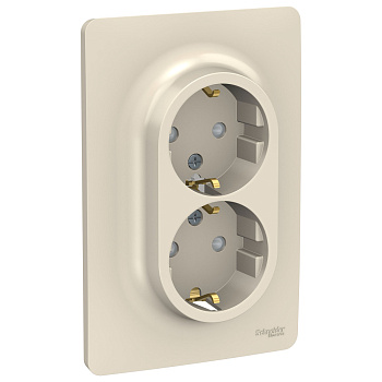 SE Unica New Беж Розетка с/з двойная, со шторками, винт. зажим. NU206744