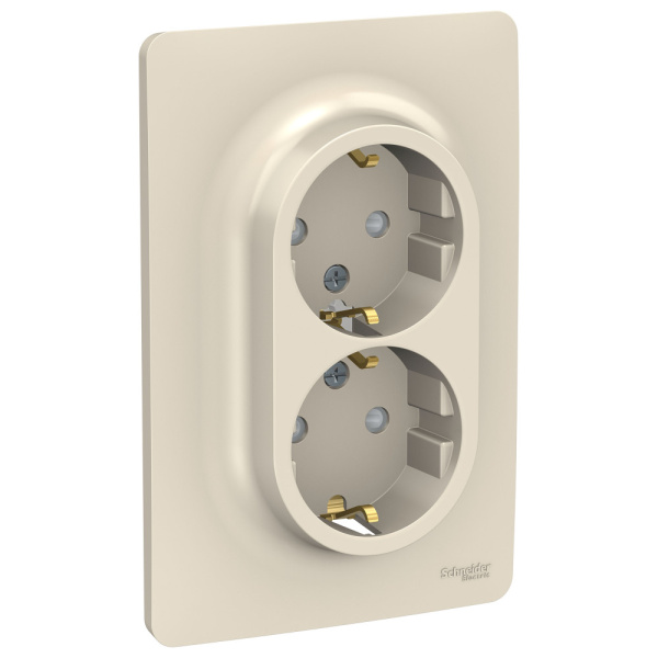 SE Unica New Беж Розетка с/з двойная, со шторками, винт. зажим. NU206744