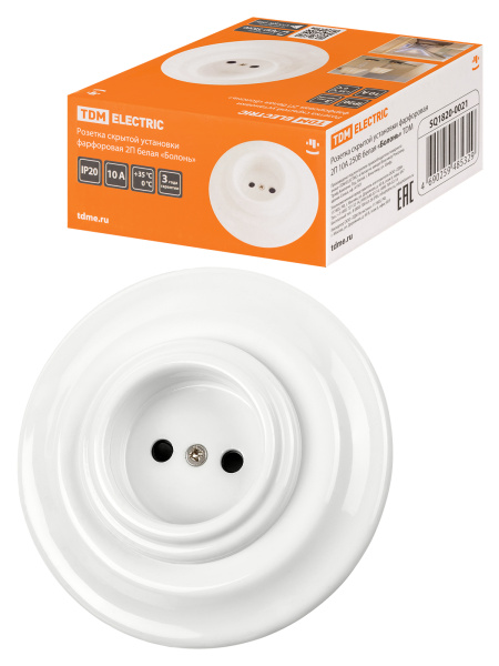 TDM Розетка скрытой установки фарфоровая 2П 10А 250В белая «Болонь» SQ1820-0021