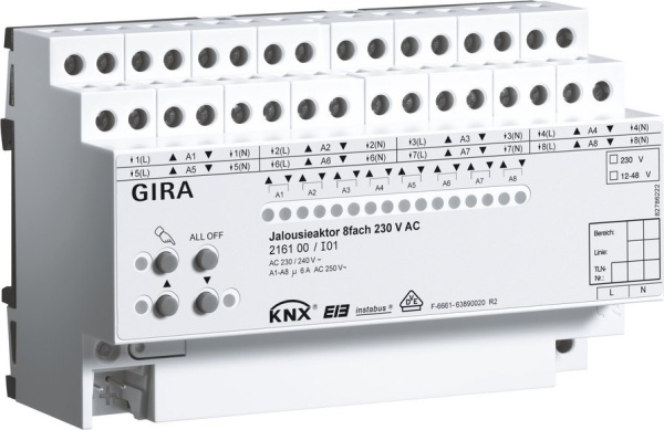 Gira KNX Актор управления жалюзи, 8 канальное 220 В АС 12-24 В AC/DC 6 А возм ручн упр DIN-рейка 216100