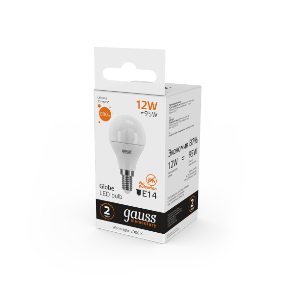 Купить Gauss Лампа Elementary Шар 12W 880lm 3000K Е14 LED 53112