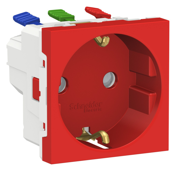 Купить SE Unica Modular Красная Розетка с/з со шторками, с быстрозажимными клеммами, 16А 250В, 2 модуля NU305703
