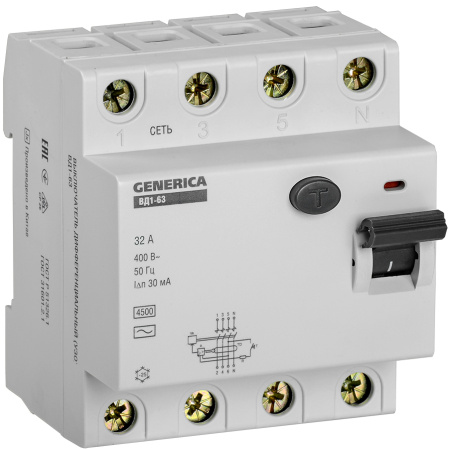 IEK GENERICA УЗО ВД1-63 4Р 32А 30мА MDV15-4-032-030