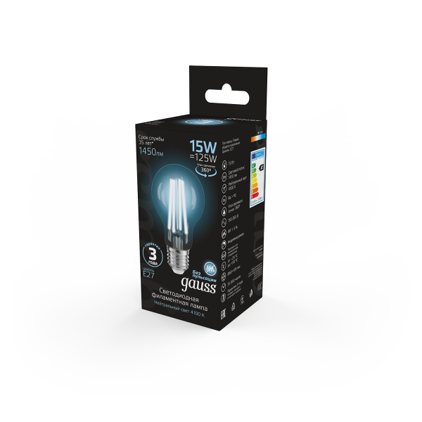 Купить Gauss Лампа Filament А60 15W 1450lm 4100К Е27 LED 102902215