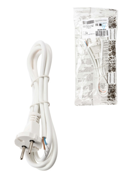 TDM Шнур сетевой с вилкой ПВСмб 2x0,75мм2 3м б/з белый Народный SQ1305-0572