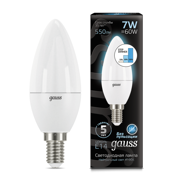 Gauss Лампа Свеча 7W 550lm 4100К E14 шаг. диммирование LED 103101207-S Купить Gauss Лампа Свеча 7W 550lm 4100К E14 шаг. диммирование LED 103101207-S