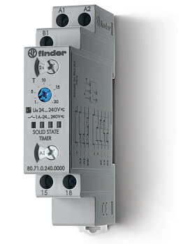 Finder Модульный таймер мультифункциональный (AI, DI, SW, BE, CE, DE); питание 24…240В АС/DC; выход - твердотельное реле 1NO 1A; ширина 17.5мм; регули 807102400000
