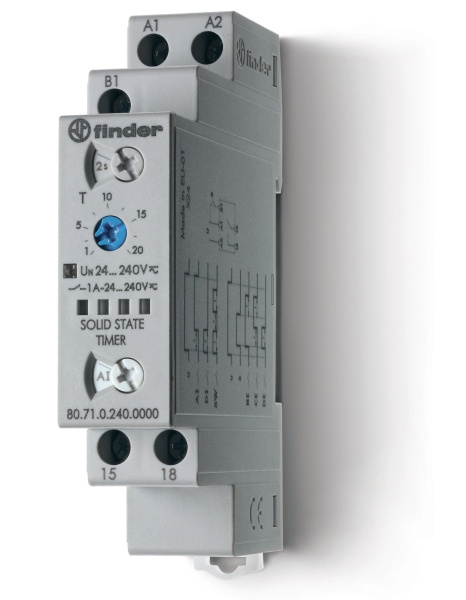 Finder Модульный таймер мультифункциональный (AI, DI, SW, BE, CE, DE); питание 24…240В АС/DC; выход - твердотельное реле 1NO 1A; ширина 17.5мм; регули 807102400000