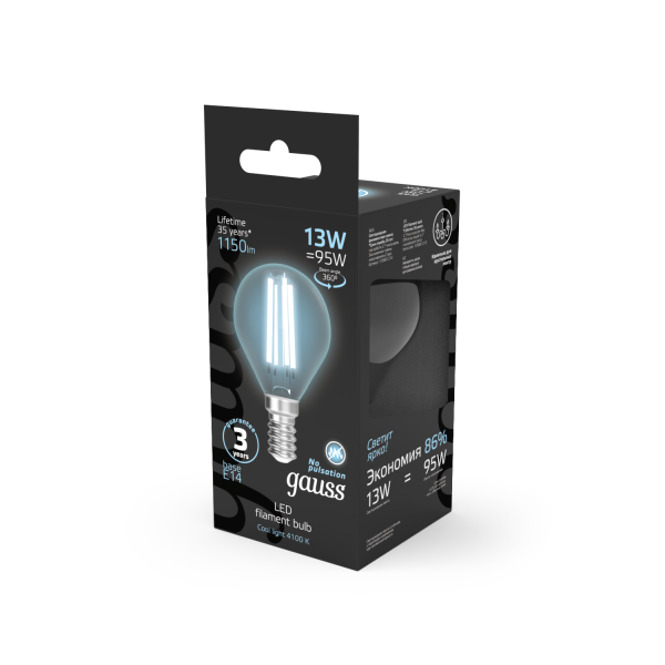 Купить Gauss Лампа Filament Шар 13W 1150lm 4100К Е14 LED 1/10/50 105801213