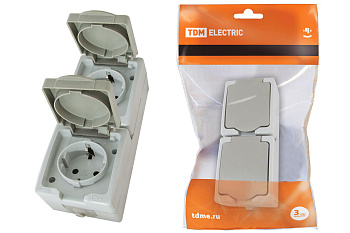 TDM Розетка двойная 2П+З (вертикальная) открытой установки IP54 16А серая "Вуокса" SQ1803-0009