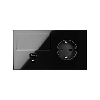 Simon 100 Черный глянец Кит 2 поста, фронт. Накладка на 1 розетку Schuko (справа) + 1 з/у USB SC + 1 клавиша светорегулятора 10020209-138