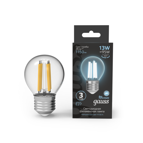 Купить Gauss Лампа Filament Шар 13W 1150lm 4100К Е27 LED 1/10/50 105802213