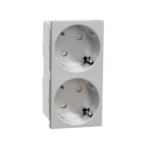 SE Unica Modular Розетка 2х(2К+З) 45гр, шторки, безвинтовые клеммы АЛЮМИНИЙ NU306630