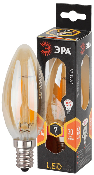 ЭРА F-LED B35-7W-827-E14 gold (филамент, свеча золот., 7Вт, тепл, E14)