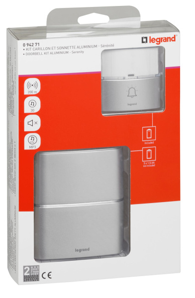Купить Legrand Звонок беспроводной - комплект "Премиум" - 30 рингтонов - дальность 200 м - цвет алюминий 094271