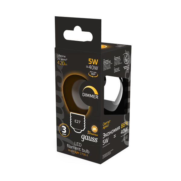 Купить Gauss Лампа Filament Шар 5W 420lm 2700К Е27 диммируемая LED 105802105-D