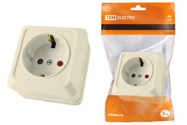 TDM Розетка 2П+З открытой установки с з/ш IP20 16А, слоновая кость "Ладога" SQ1801-0064