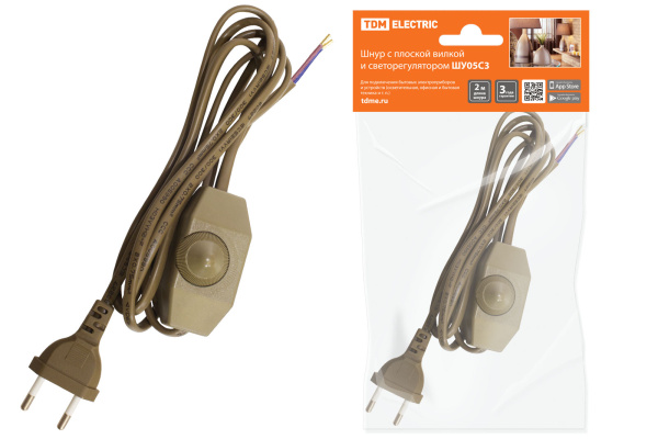 TDM Шнур с плоской вилкой и светорегулятором ШУ05С3 (200Вт, RL) ШВВП 2х0,75мм2 2м. бронза SQ1305-0053