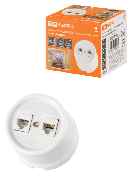 TDM Розетка телефонная RJ11 + компьютерная RJ45 белая «Болонь» SQ1820-0052