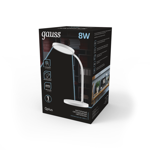 Купить Gauss Светильник настольный Qplus GTL503 8W 500lm 4000K 170-265V белый диммируемый USB LED 1/12 GT5031
