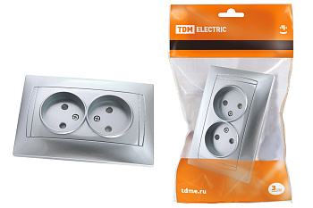 TDM Розетка двойная 2П 10А 250В с защ. шт. серебр. металлик "Лама" SQ1815-0212
