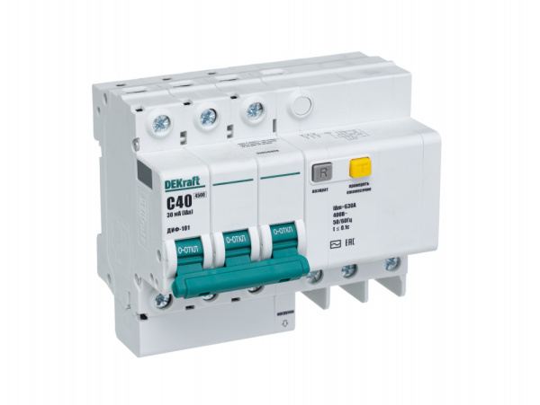 Dekraft Автоматический выключатель дифференциального тока АВДТ 3Р 40А 30мА тип AC х-ка C ДИФ-101 4,5кА 15056DEK