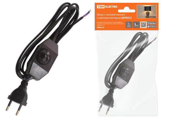 TDM Шнур с плоской вилкой и светорегулятором ШУ05С2 (200Вт, RL) ШВВП 2х0,75мм2 2м. черный SQ1305-0052