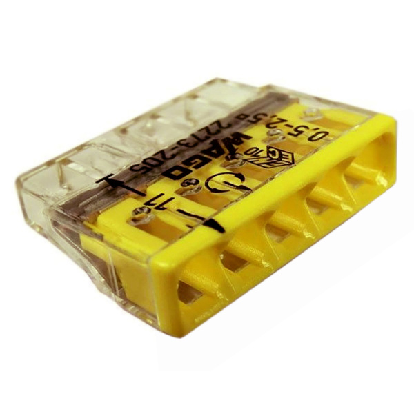 Купить Wago клеммы для одножильных проводников; макс. 2,5 мм²; 5-проводн.; прозрачный корпус; желтая крышка 2273-205