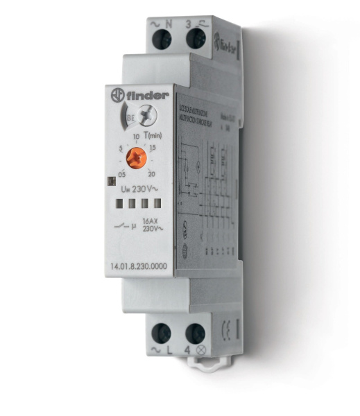 Finder Модульный электронный лестничный таймер мультифункциональный; 1NO 16A; 3- или 4-проводная схема; питание 230В АC; ширина 17.5мм; степень защиты 140182300000