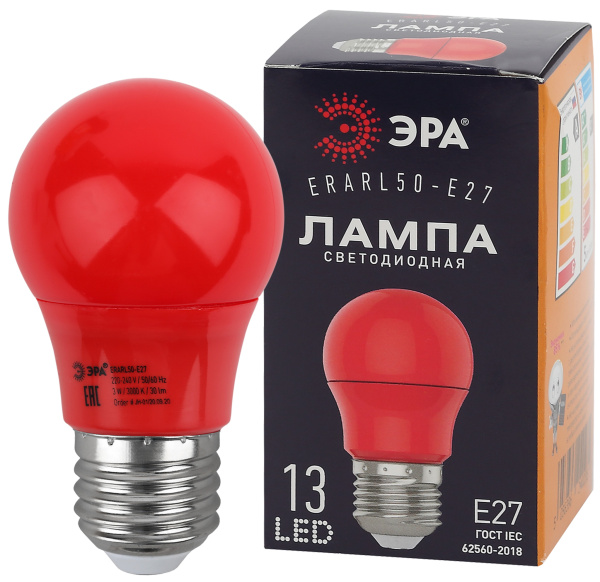ЭРА ERARL50-E27 LED A50-3W-E27 (диод. груша красн., 13SMD, 3W, E27, для белт-лайт) (10/100/4500)