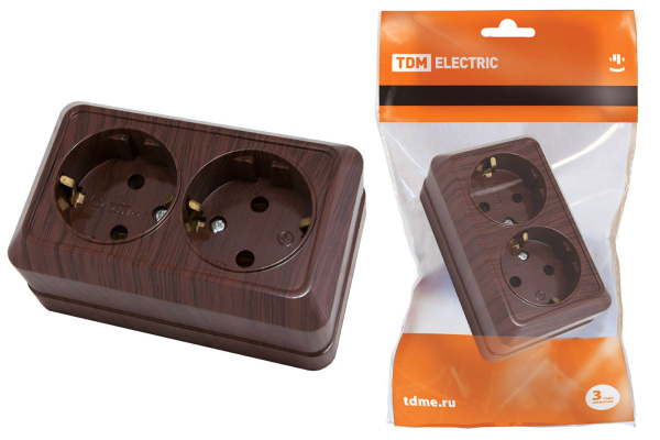 TDM Розетка двойная 2П+3 открытой установки IP20 16А 250В (керамика) бук "Ладога" SQ1801-0313