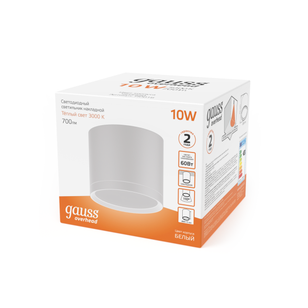 Купить Gauss Светильник Overhead накл цил 10W 700lm 3000K 170-240V IP20 88*75мм белый с расс LED HD025