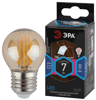 ЭРА F-LED P45-7W-840-E27 gold (филамент, шар золот, 7Вт, нейтр, E27)