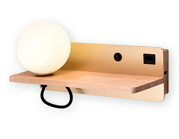 Ambrella Настенный светильник с выключателем, USB портом и полкой FW520 GD/LW золото/светлое дерево G9 max 40W 280*100*125 (лампа LED G9 5W 4200K в ко