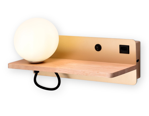 Ambrella Настенный светильник с выключателем, USB портом и полкой FW520 GD/LW золото/светлое дерево G9 max 40W 280*100*125 (лампа LED G9 5W 4200K в ко