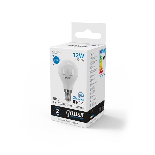 Купить Gauss Лампа Elementary Шар 12W 950lm 6500K Е14 LED 53132