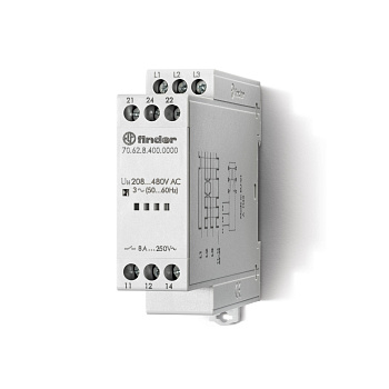 Finder Контрольное реле для 3-фазных сетей; обрыв/чередование фаз, фиксированные регулировки; выход 2CO 8А; модульное, ширина 22.5мм; степень защиты I 706284000000T